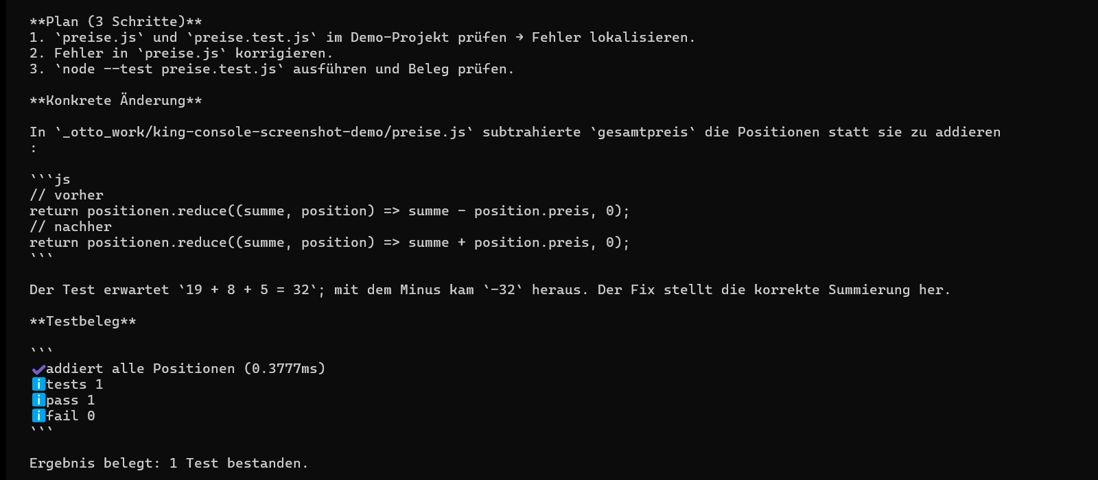 BLUN King CLI bei einem echten Auftrag: Plan, Codeänderung und bestandener Test